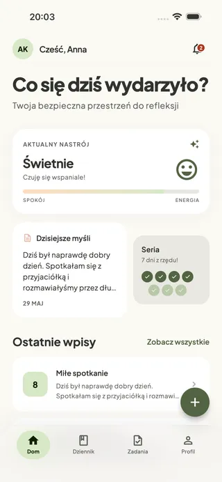Ekran główny z powitaniem i serią codziennych wpisów