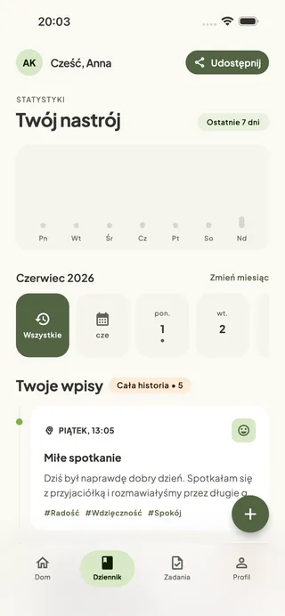 Ekran dziennika z kalendarzem i statystykami nastroju