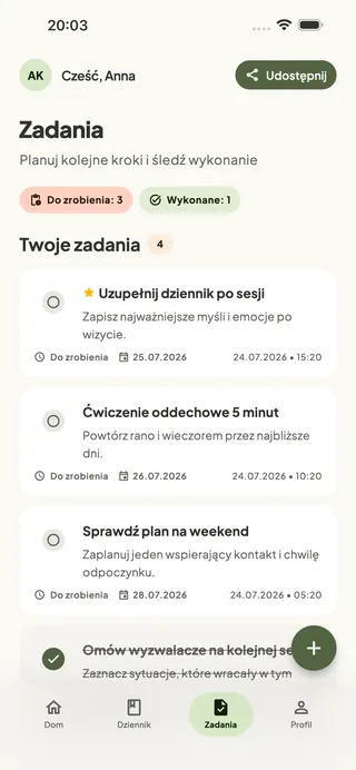 Ekran zadań terapeutycznych z terminami i statusem wykonania